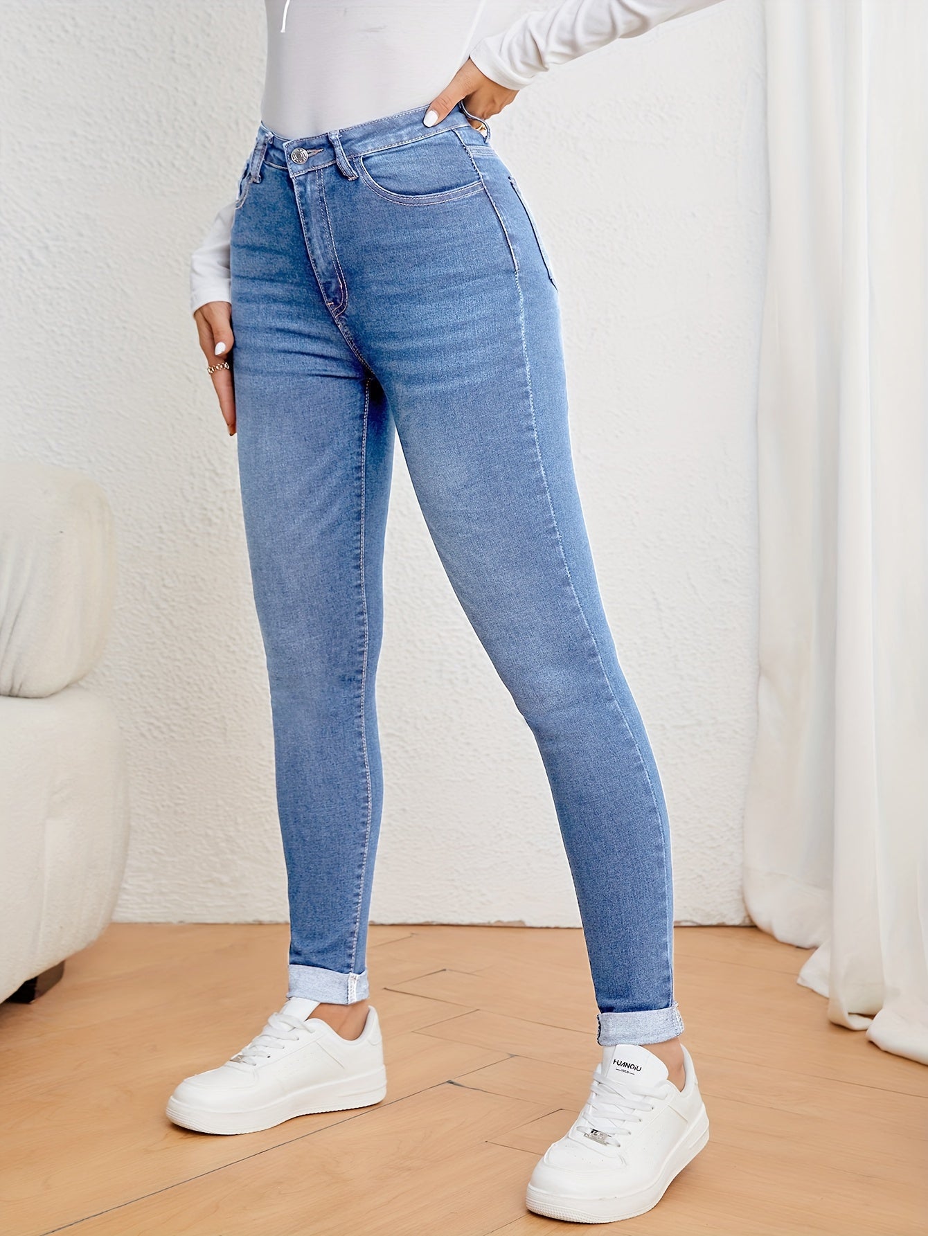 Damen Jeans High Waist Slim-Fit Stretch Denim Farben Figurbetont Casual Bequem