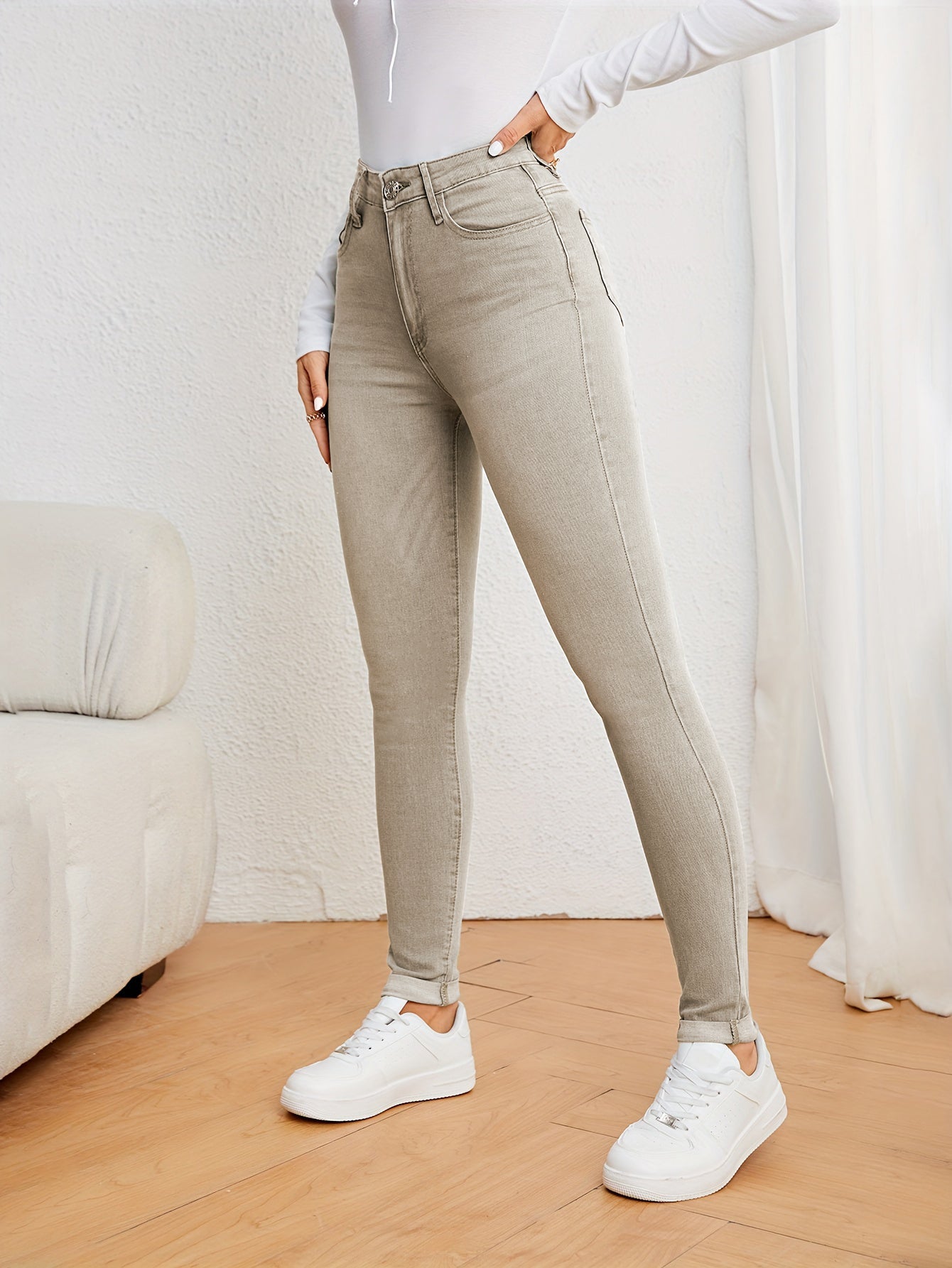 Damen Jeans High Waist Slim-Fit Stretch Denim Farben Figurbetont Casual Bequem