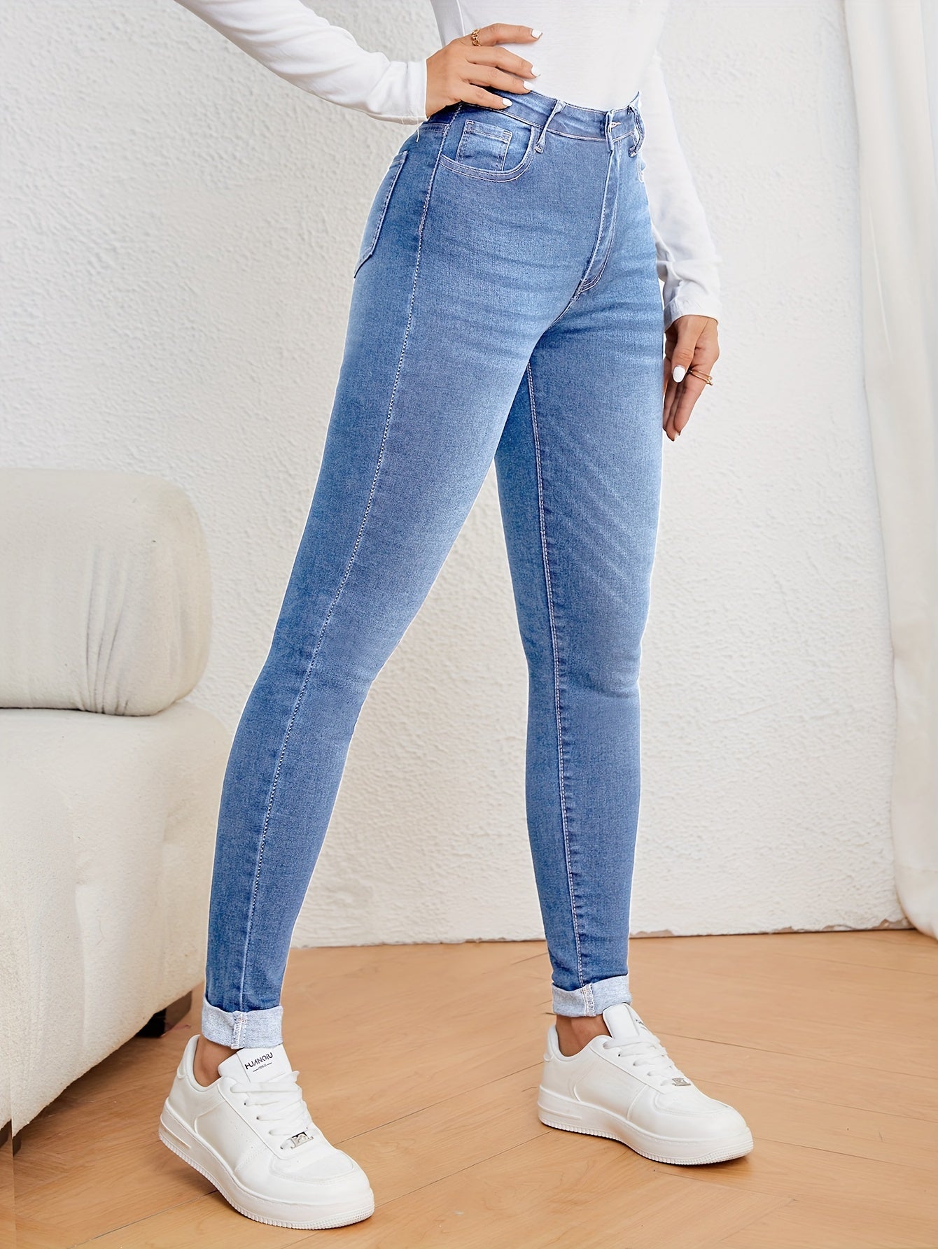 Damen Jeans High Waist Slim-Fit Stretch Denim Farben Figurbetont Casual Bequem