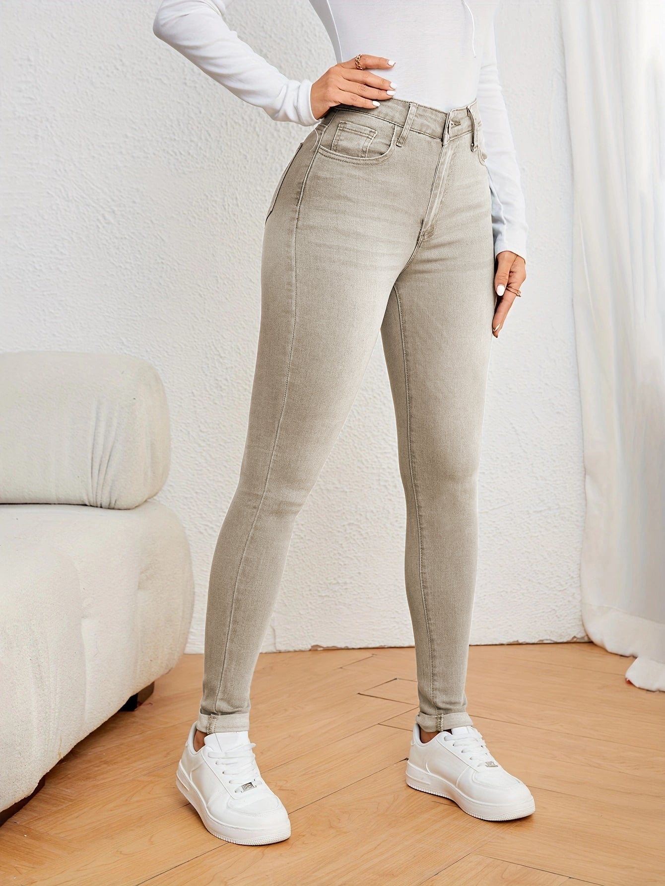 Damen Jeans High Waist Slim-Fit Stretch Denim Farben Figurbetont Casual Bequem